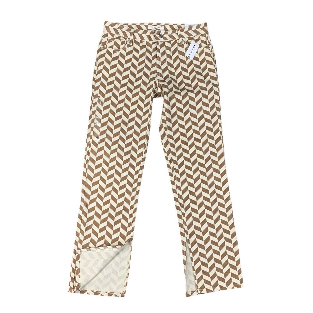 Pacsun Jeans Women 25 Brown Ivory Chevron Low Rise Straight Leg Button Fly Denim